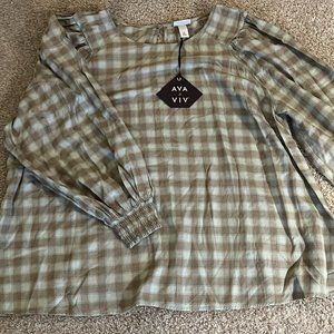 Women's Plus Plaid Crewneck Balloon Long Sleeve Flannel Blouse - Ava & Viv 2X
